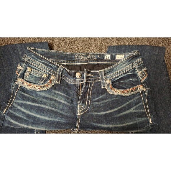 Miss Me Classic Boot Cut Jeans Womens Size 28 Raw Fray Hem Aztec Embellished Y2K - Picture 2 of 4